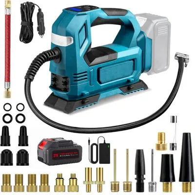 Produktbild von Akku-Kompressor, mit 21V Akku und Ladegerät, Elektrische Luftpumpe mit LED-Leuchte, Digitalem Manometer für Autos, Motorräder, Fahrräder, Bälle