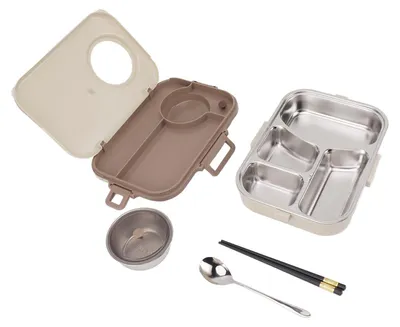 Zdjęcie produktu dla Pojemnik na lunch ze stali nierdzewnej z miską na zupę łyżką pałeczkami beżowy szczelny przenośny pojemnik na lunch Bento na piknik kempingowy 4 komory 1200 ml