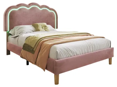 Produktbild von Polsterbett LED Einzelbett 90×190 cm Rosa, verstellbares Kopfteil, Lattenrost, Samt, ohne Matratze