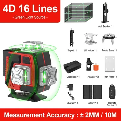 Image de Niveau laser - Niveau laser 4D à 16 lignes - Auto-nivellement à 3° - Rayon vert - Horizontal et vertical - Livré avec trépied et sac de transport