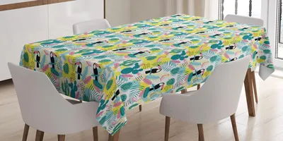 Zdjęcie produktu dla ABAKUHAUS Tropikalny obrus, wzór Island Aloha Natur z tukanami, flamingami, kaktusami i egzotycznymi liśćmi, 140 x 240 cm, wielokolorowy