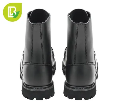 A pair of black leather boots shown from the back against a white background.