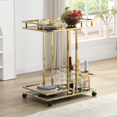 Produktbild von FineBuy Servierwagen Gold Metall mit Glas Ablagen auf Rollen 67,5x83,5x43 cm Moderner Barwagen mit Flaschenhalter Teewagen Getränke Trolley für