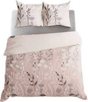 A top-down view of a bedding set with a floral pattern.