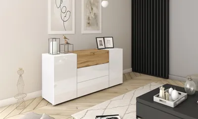 Produktbild von MINIO Kommode BRELA 150 cm mit 2 Türen und 3 Schubladen - Weiß / Wotan Eiche