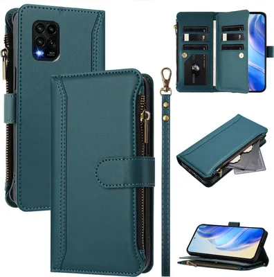 Image de Etui pour Xiaomi Mi 10 Lite 5G, zippé, étui portefeuille en cuirPolyuréthaneavec pochettes pour cartes, support et boucle pour la main vert