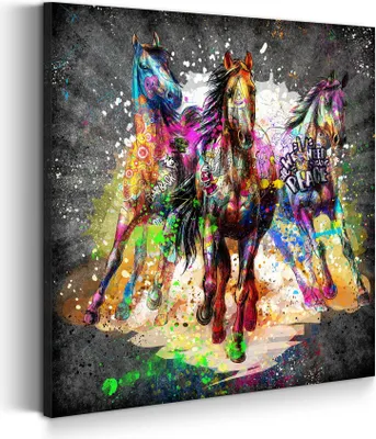 Produktbild von Leinwandbild Wandbild Graffiti Street Art Pferde Kunstdruck XXL Wanddeko: 150x150x4cm