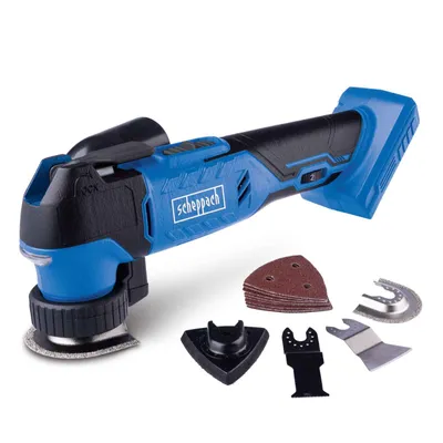 A blue and black cordless oscillating multi-tool with various attachments laid out around it on a white background.