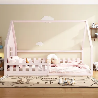 Produktbild von Flachbett, 140*200 cm, Kinderbett, Hausleiste, Geländer, Kiefernholz, Rosa