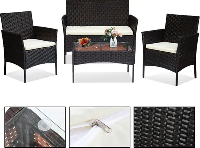 Image de Ensemble de meubles de jardin 4 pièces Jayseuw, meubles de balcon avec coussins, ensemble de balcon en polyrotin avec fauteuil et table, ensemble de meubles de terrasse en rotin pour balcon, jardin, véranda, noir