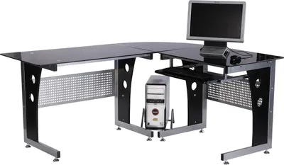 Produktbild von L-förmiger Computertisch mit schwarzem Sicherheitsglas, Eckschreibtisch 164x139x75 cm