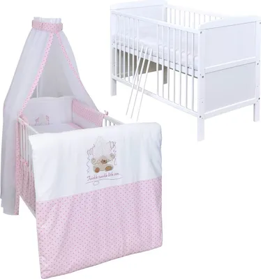 Produktbild von Baby-Delux Babybett Kinderbett Umbaubar 140x70 Weiß Bettset Komplett mit Motiv Twinkle Star Rosa