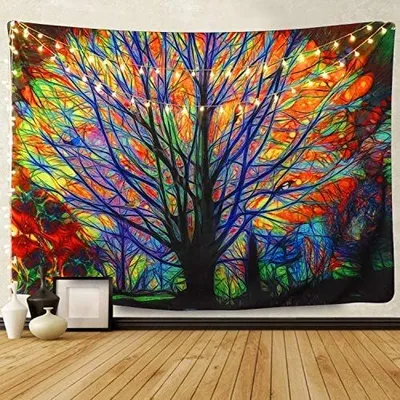 Obrázok produktu pre Farebný strom, psychedelická tapiséria, bohémska mandala, hippie tapiséria, farebný stromový nástenný záves pre psychedelický les, vtáky, dekor do spálne alebo obývačky (150*200 cm, farebný strom)