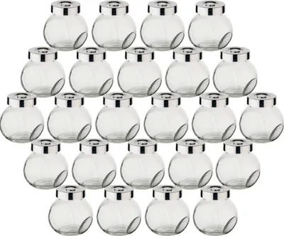 Produktbild von gouveo 24er Set Gewürzgläser 100 ml BonBon mit Schraubdeckel silberfarben - Kleine Gläser mit Schraubverschluss zum Befüllen - Leere Aufbewahrungsgläser für Kräuter, Gewürze, Backzutaten, Bastelzubehör