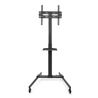 A black TV stand with wheels and a shelf, shown against a white background.
