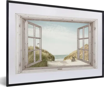 Produktbild von MuchoWow® Gerahmtes Poster Aussicht - Strand - Fahrrad 60x40 cm - Poster mit Schwarzem Bilderrahmen Wandposter Rahmen Foto Bilder - Schlafzimmer - Plakat in Rahmen - Drucken