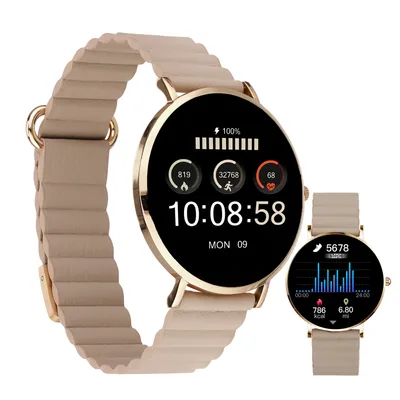 A smartwatch with a beige band and a gold casing is shown, along with a smaller inset image of another smartwatch.