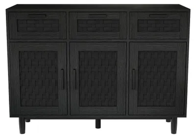 Zdjęcie produktu dla Komoda drewniana – RTV z rattanu w stylu retro – 3 szuflady, 3 drzwi – solidne drewniane nogi – do salonu i sypialni – czarna