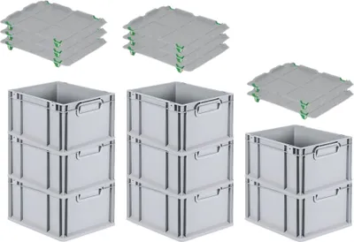 Produktbild von SuperSparSet 8x Eurobox NextGen Grip mit Auflagedeckel inkl. 4 grünen Schiebeschnappverschlüssen | HxBxT 22x30x40cm | 20 Liter | Grau | Griffe geschlossen | Glatter Boden | Eurobehälter, Transportbox, Transportbehälter, Stapelbehälter