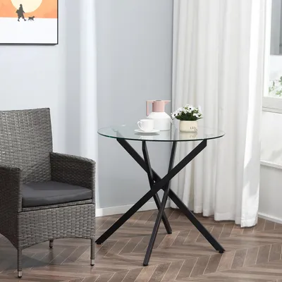 Produktbild von Runder Glas-Esstisch Schwarz, Küchentisch gehärtetes Glas Stahlbeine, Glasplatte modern | Ø 80 x 75 cm | für 4 Personen | 14 kg