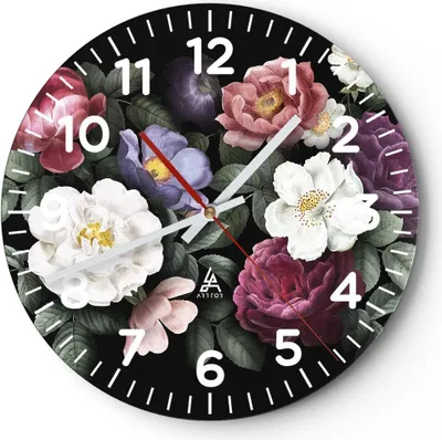 Produktbild von Wanduhr - Rund - Glasuhr - Blumen Blumenstrauß Komposition - 30x30cm - Schleichendes Uhrwerk - Lautlos - zum Aufhängen bereit - Dekoration Modern - Wanddekoration aus Glas - C4AR30x30-5032