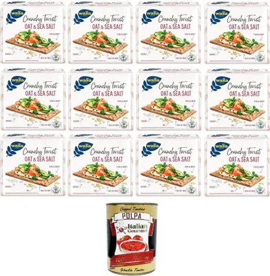 Produktbild von Wasa Crunchy Twist Oat & Sea Salt, Vollkorncracker Cracker mit Hafervollkornmehl, Haferflocken und Meersalz,12 x 265g + Italian Gourmet Polpa di Pomodoro 400g Dose