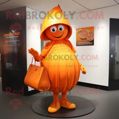 Produktbild von Orange REDBROKOLY Orange Maskottchen Kostümfigur bekleidet mit einem Wickelkleid und Handtaschen