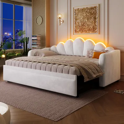 Immagine prodotto di Letto a giorno imbottito 90x200 cm con letto estraibile, illuminazione LED a 7 colori, funzione di estrazione regolabile in altezza, rivestimento in velluto, 10 listelli, colore bianco