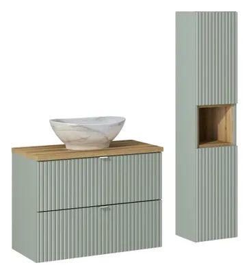 Produktbild von Badmöbel-Set Mit Waschbecken & Unterschrank, Hochschrank (2 Türen), Arbeitsplatte 80 cm, Line Reed Green L BM74 - Schilfgrün/ Evoke Eiche