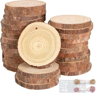 Immagine prodotto di Dischi di legno, non trattati, rotondi, legno naturale, dischi di albero – 7–8 cm – spessore circa 8 mm – 10 m di corda di canapa – 10 m di corda di cotone – disegni da colorare – fai da te – decorazioni natalizie – 48 pezzi – materiale per bricolage
