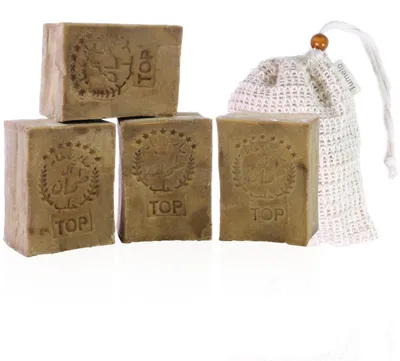 Image de Savon d'Alep original TUMELO 4 x 200 g (800 g) 70 % d'huile d'olive 30 % d'huile de laurier + sachet en sisal, savon à l'huile d'olive artisanal, savon naturel
