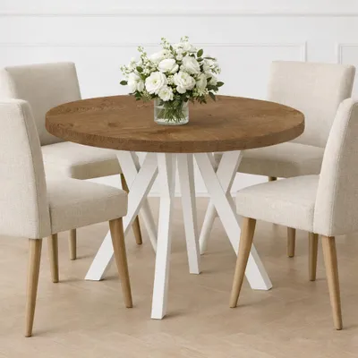Image de Table ronde à rallonges pour la salle à manger, PERO, style loft, scandinave, diamètre : 100 / 150 cm, Couleur : Chêne Lefkas / Blanc
