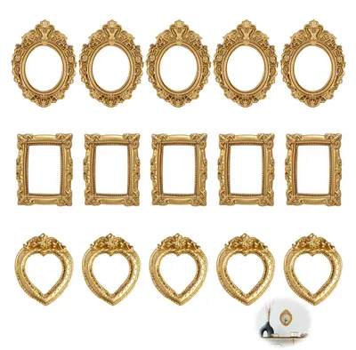 Produktbild von Mini Bilderrahmen Set - 15-teilig in Herz Oval und Quadratisch - Vintage Barock Stil für DIY Dekoration und Schmuckdisplay - Gold