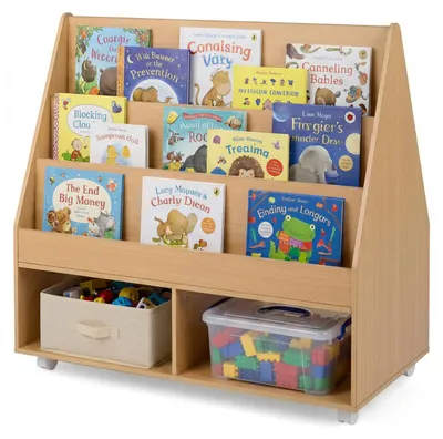 Immagine prodotto di Scaffale per bambini COSTWAY a doppia faccia, libreria per bambini con lavagna, rotelle, 3 ripiani e 2 scomparti, scaffale per giocattoli, portariviste in legno, colore naturale