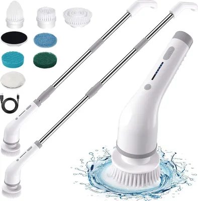 Produktbild von Elektrische Reinigungsbürste, 8 in 1 Spin Scrubber, mit 8 Austauschbaren Bürstenköpfen, Verstellbarem Verlängerungsgriff 25-132CM & 2 Rotationsgeschwindigkeiten für Bad/Küche/Auto