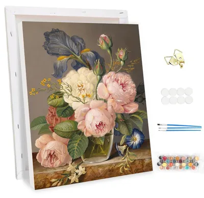 Image de Kit de peinture par numéros pour adultes, motif floral, dimensions 30x40 cm, comprenant des peintures acryliques et une toile