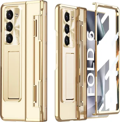 Obrázek produktu pro Pouzdro pro Samsung Galaxy Z Fold 6, Ochrana Displeje a Objektivu, Průhledné Galvanizované Pouzdro se Stojánkem Zlato