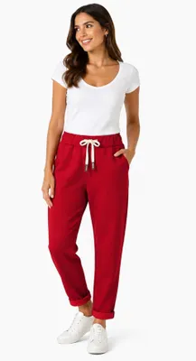 Produktbild von Damen Jogginghose mit Kordelzug – Bequeme Freizeithose mit Taschen, elastischer Bund, schmaler Schnitt Rot/S/M