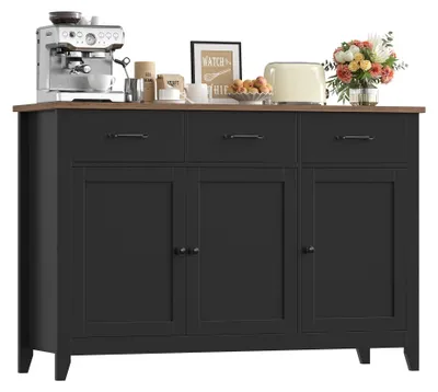 Immagine prodotto di Credenza da cucina - Mobile da cucina - 3 cassetti e 3 ante - Credenza in legno per sala da pranzo - Mobile contenitore da cucina - Nero