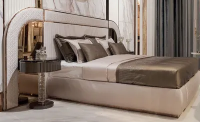 Produktbild von Casa Padrino Luxus Art Deco Doppelbett Grau / Kupfer 350 x 209,5 x H. 140 cm - Edles Massivholz Bett mit verspiegeltem Kopfteil - Luxus Schlafzimmer Möbel - Hotel Möbel - Art Deco Möbel