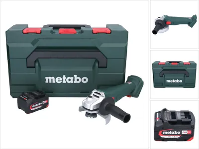 A Metabo angle grinder set including the grinder, a battery, and a storage case, displayed on a white background.