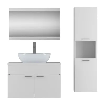 Produktbild von Badezimmerschrank LUMIRE, Spiegel, Weiß, Waschbecken, Batterie, Hochschrank