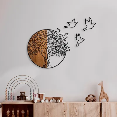 Immagine prodotto di Wallity, Albero e uccelli 2, Accessorio decorativo da parete in legno, 100 % LEGNO / METALLO, Noce, 60 x 56 cm