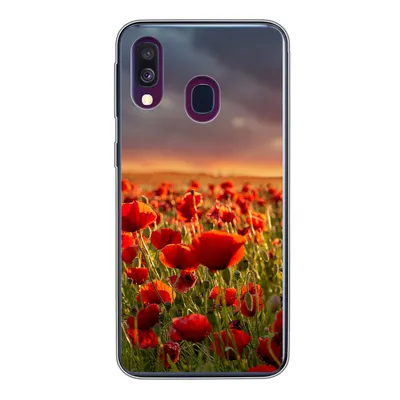 Produktbild von MuchoWow® Handyhülle Schutzhülle Hülle für Samsung Galaxy A40 Sonnenuntergang über einem Feld von Mohnblumen Silikon Softcase Handy Hülle - Handy-Tasche