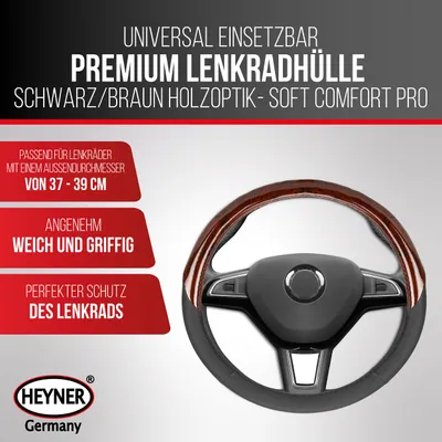 Produktbild von HEYNER® Lenkradhülle Auto 37–39 cm – rutschfest, weich, griffig, schwarz/braun in Holzoptik
