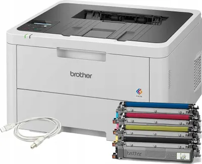 A white Brother laser printer with a stack of toner cartridges in front of it and a USB cable.