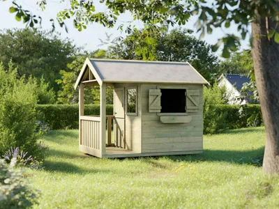 Produktbild von Spielhaus Funny M kdi 155x154,8 cm mit Veranda, 2 Fenstern, Blumenkasten & Fingerklemmschutz