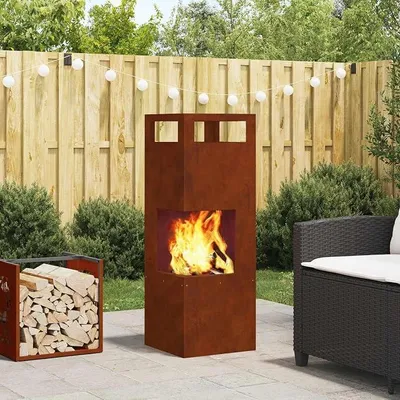 Produktbild von Braune Feuerstelle aus Wetterfeststahl 35 x 35 x 100 cm, freistehend für Garten und Terrasse, outdoor, Wärme, Flamme, Deko, brennholz, heizen, rauchfrei
