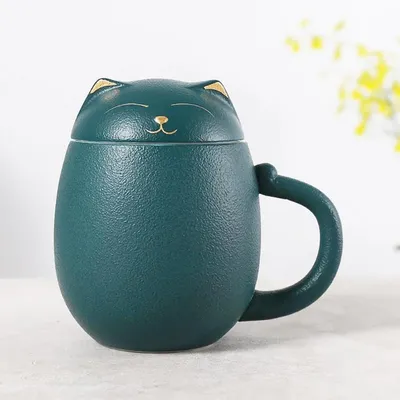 Produktbild von Teetasse mit Katzeneinsatz und Deckel, Keramik, 350ml, Grün