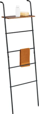 Produktbild von Relaxdays Handtuchleiter, 4 Sprossen, Ablage, HxBxT: 150 x 45,5 x 20 cm, Metall, Industrial Wäscheleiter, schwarz/braun